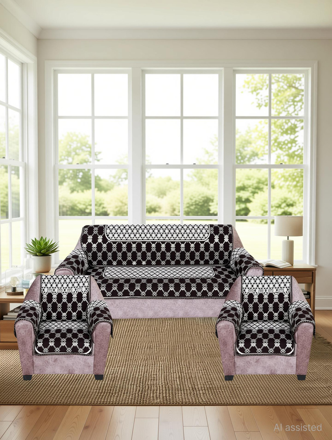 Image of Nendle Cotton 3+1+1 Seater Sofa Geometric Cover (Pack of 12 Brown)