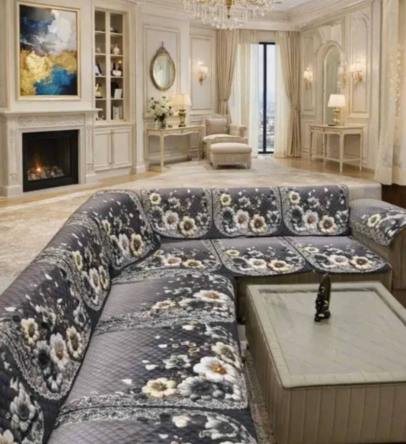 Alkaylaa Velvet 3+2 Seater L-Shape Sofa Floral Cover