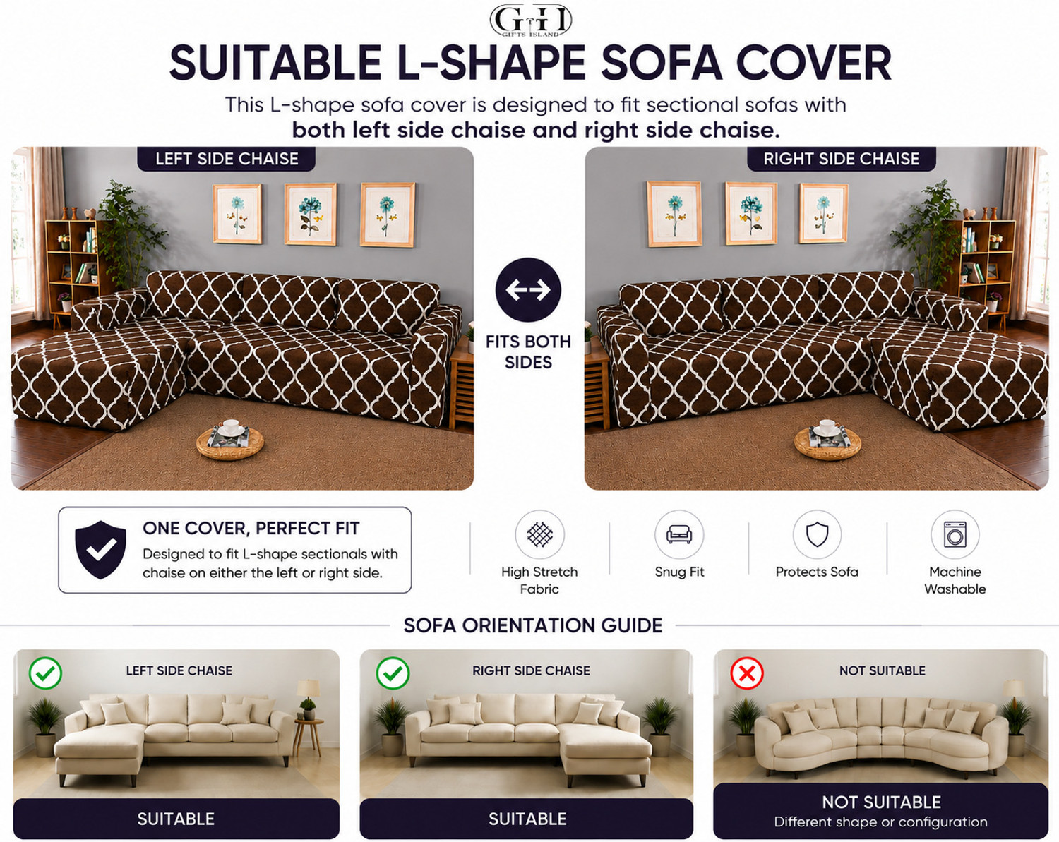 Image of Gifts Island Polyester 4+3 Seater L-Shape Sofa Geometric Cover