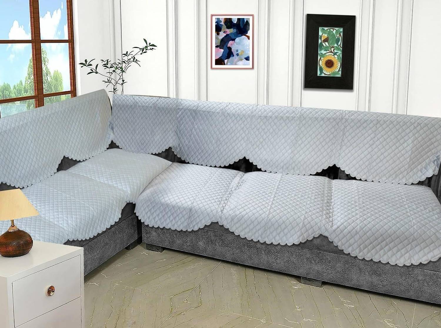 Bigger fish Velvet 3+3 Seater L-Shape Sofa Checkered Cover