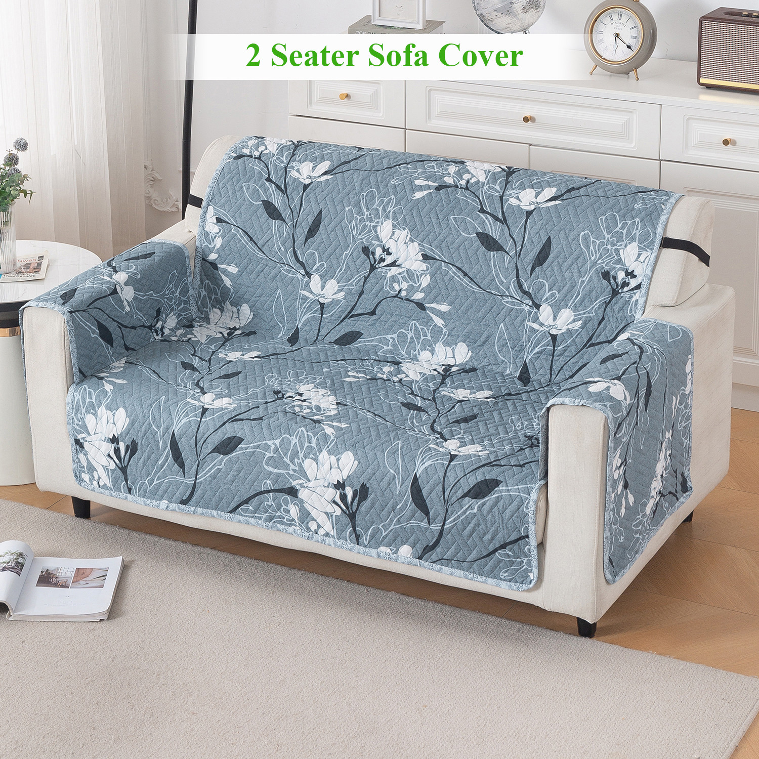 Image of HOKiPO Polyester 2 Seater Sofa Floral Cover (Pack of 1 Blue Blossom)