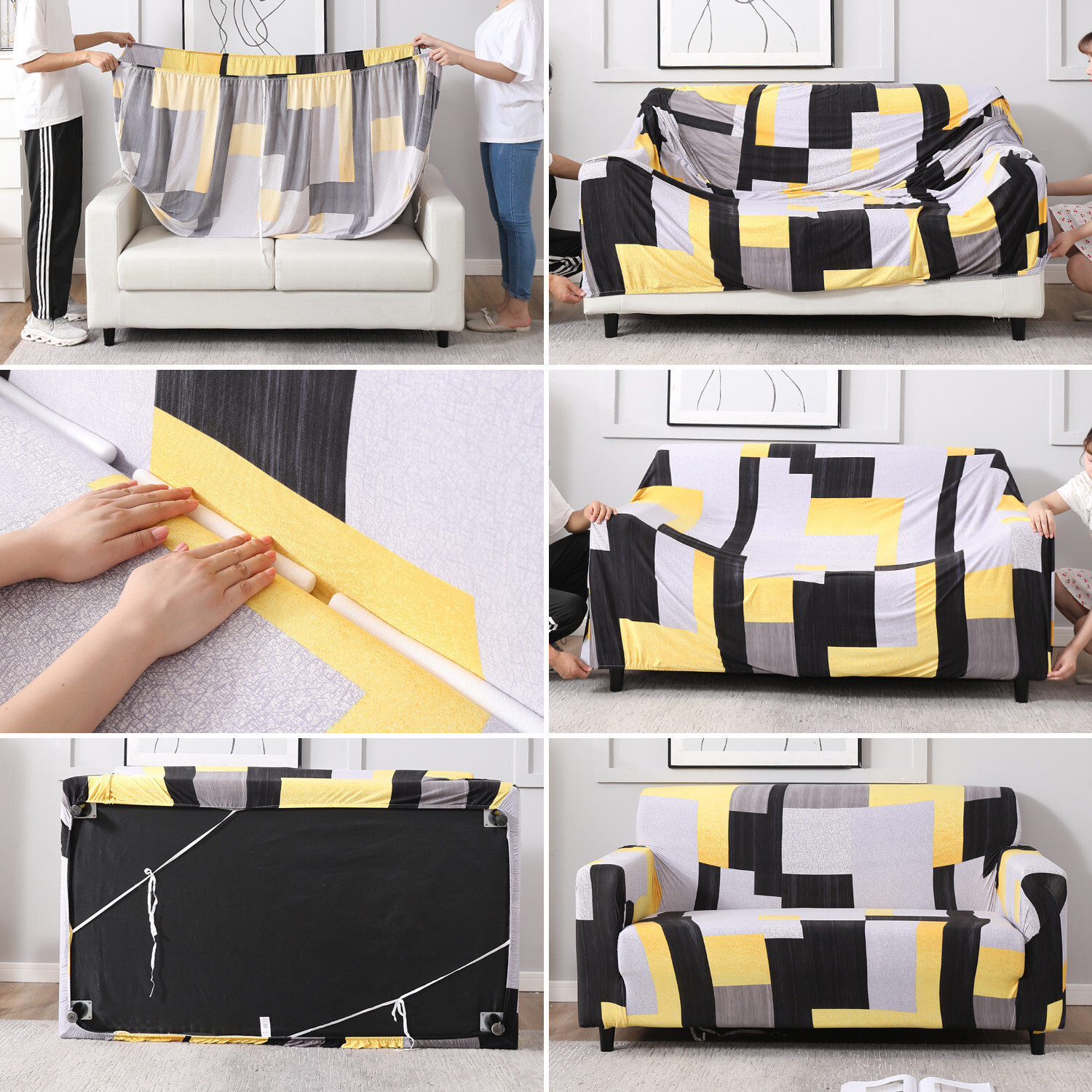 Image of HOKiPO Polyester 4 Seater Sofa Geometric Cover