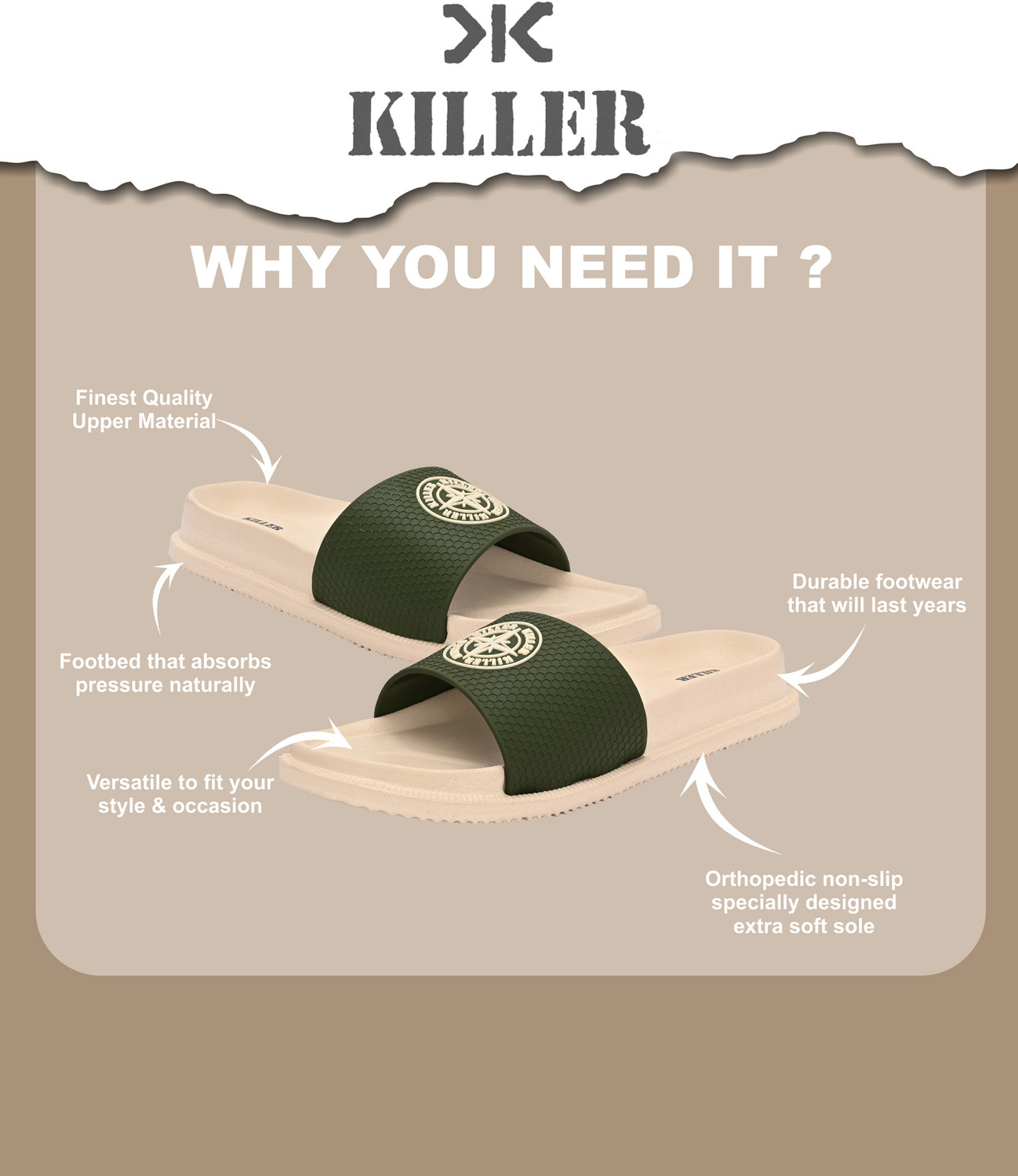 Image of KILLER Men Soft Comfortable Chappal Casual Lightweight Men Slippers for Daily Wear Slides
