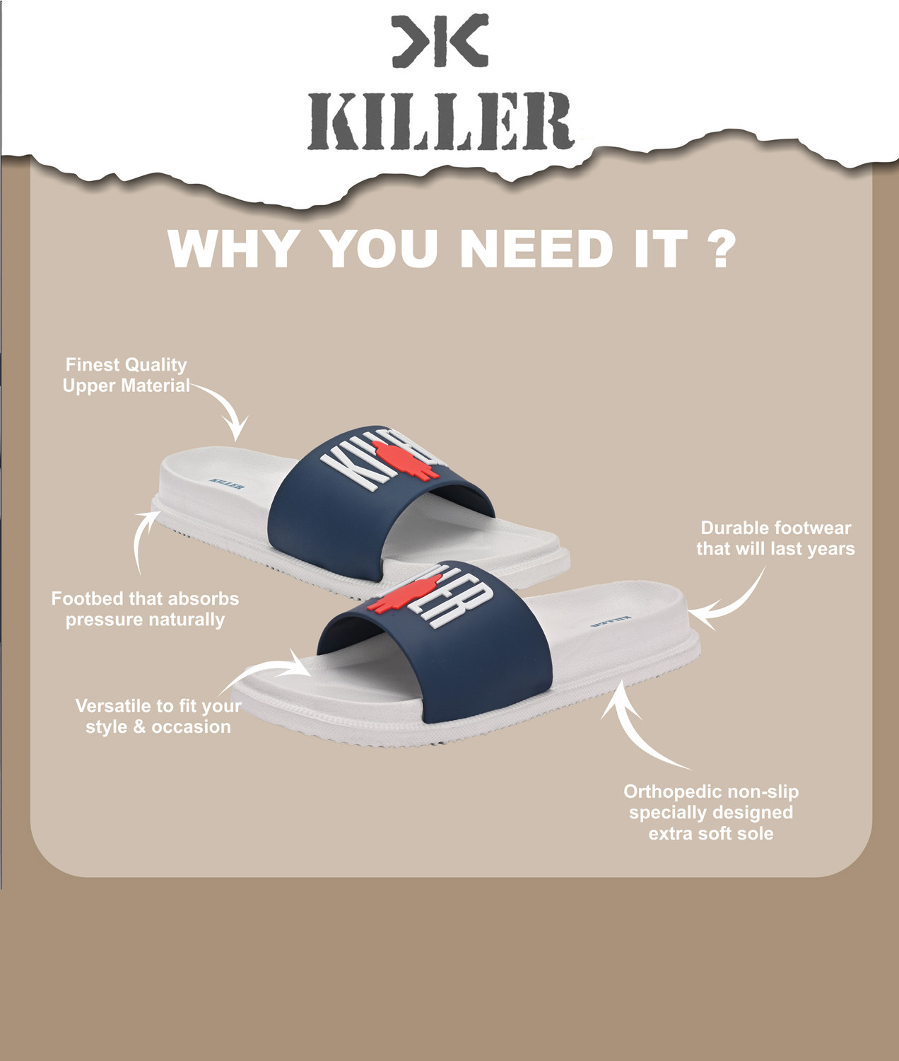 Image of KILLER Men Soft Comfortable Chappal Casual Lightweight Men Slippers for Daily Wear Slides