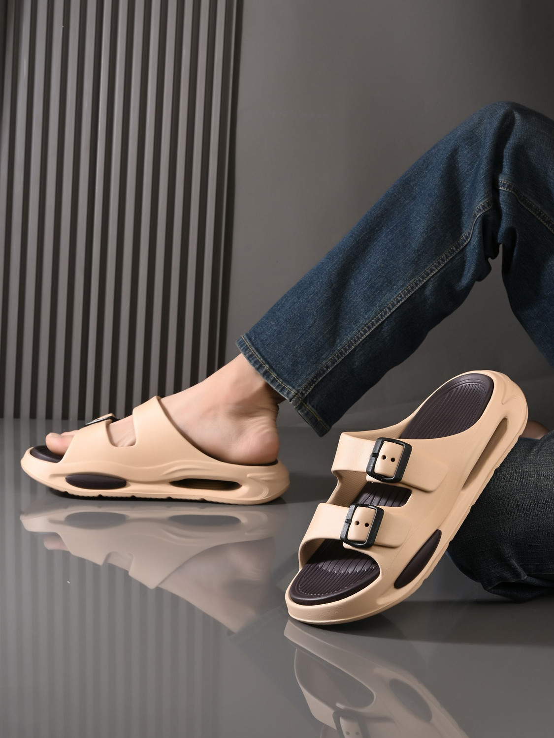 Image of Doctor Health Super Soft Men EVA Double Strap Sandals|Adjustable Buckle|Lightweight Anti-Slip Slippers Flip Flops