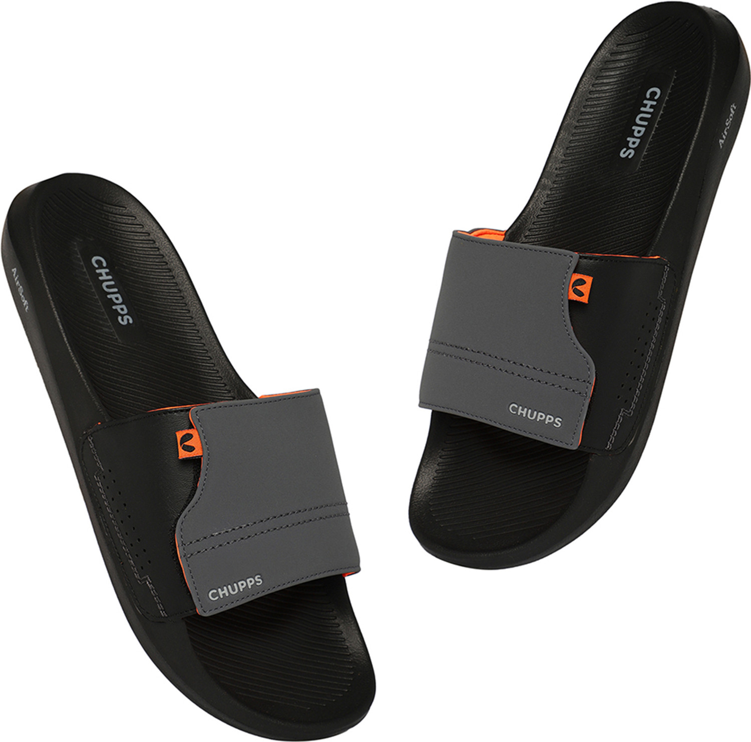 Image of Chupps Men Vapor Grey & Black Slides Slippers Soft Lightweight Flip Flops For Slides