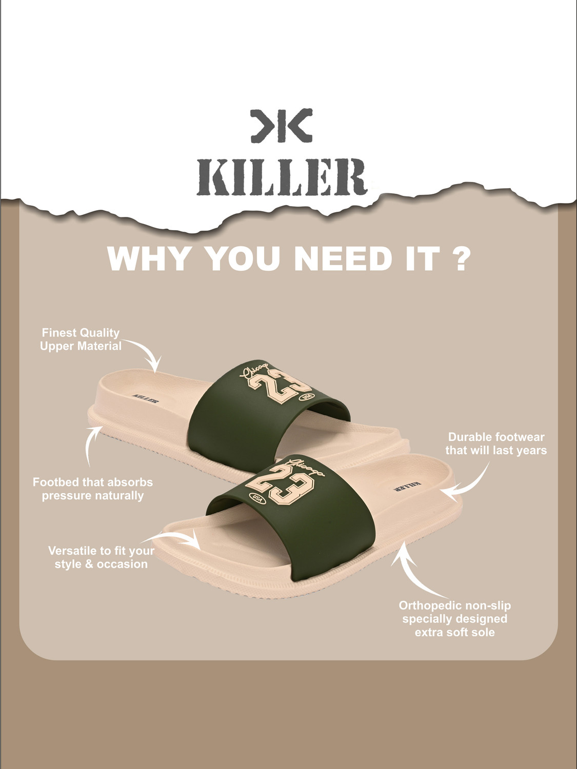 Image of KILLER Men Soft Comfortable Chappal Casual Lightweight Men Slippers for Daily Wear Slides