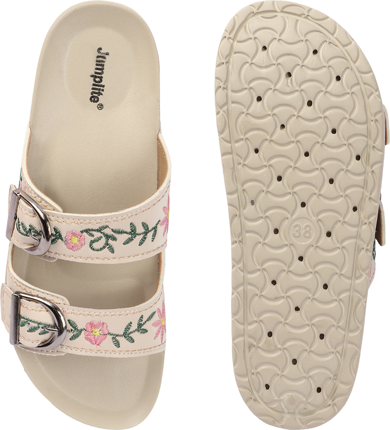 Image of JUMPLITE Women JL-E-1 Stylish Floral Embroidered Buckle Strap Comfort Design Slippers