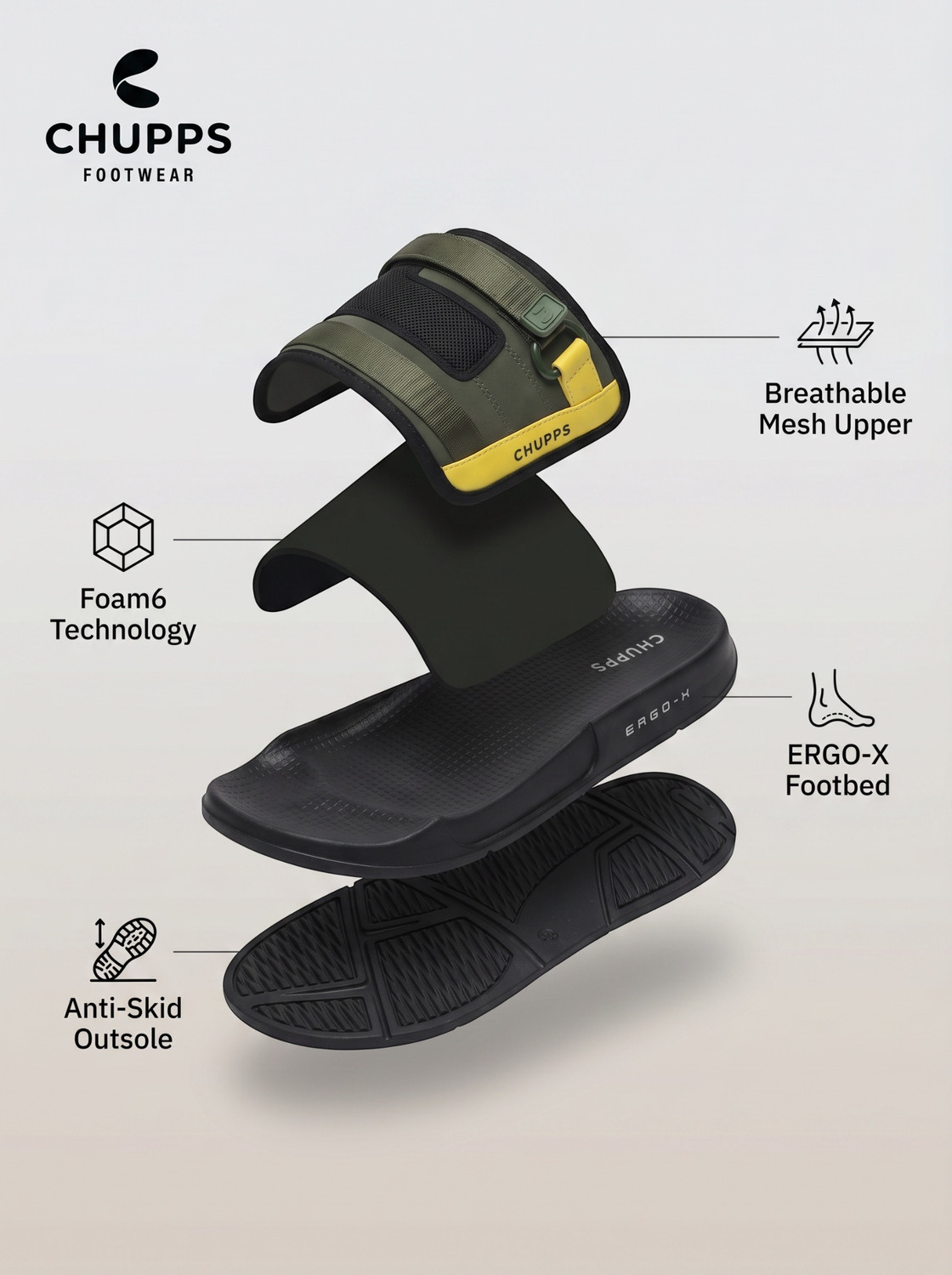 Image of Chupps Men Rebel Olive Black Slides Slippers Soft Lightweight Flip Flops For Slides