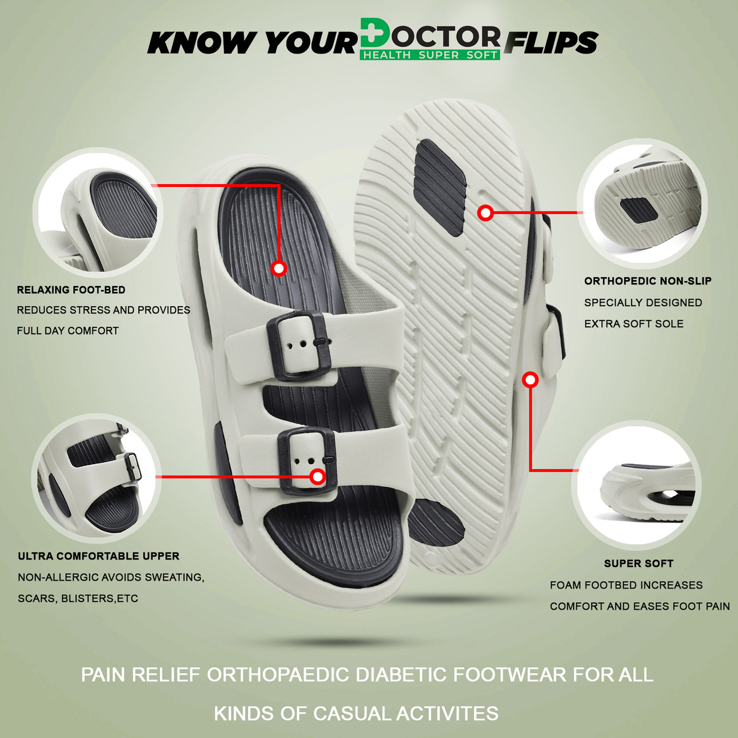 Image of Doctor Health Super Soft Men EVA Double Strap Sandals|Adjustable Buckle|Lightweight Anti-Slip Slippers Flip Flops