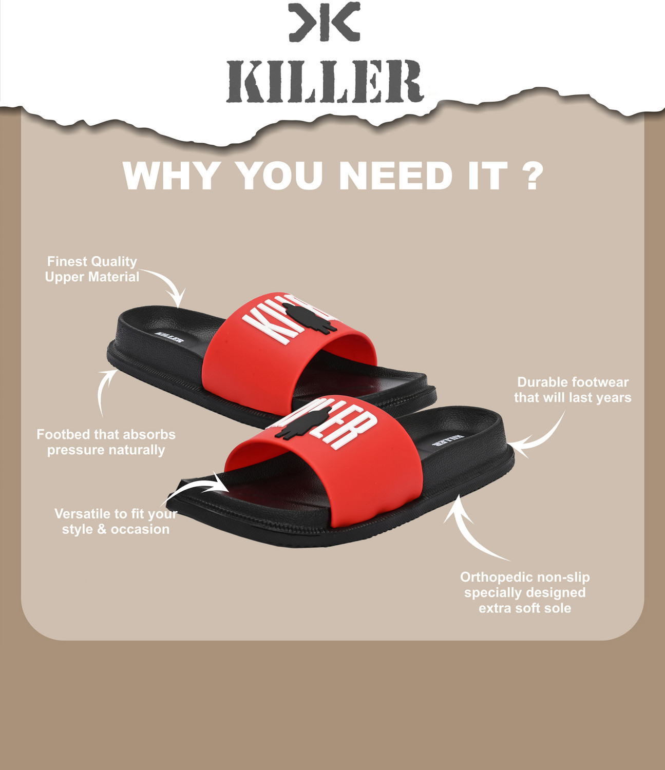Image of KILLER Men Soft Comfortable Chappal Casual Lightweight Men Slippers for Daily Wear Slides
