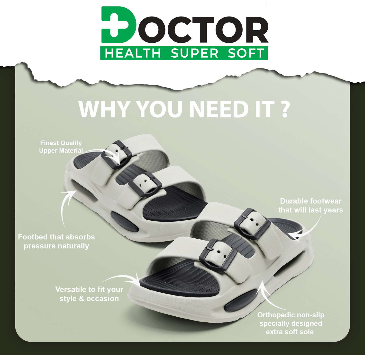 Image of Doctor Health Super Soft Men EVA Double Strap Sandals|Adjustable Buckle|Lightweight Anti-Slip Slippers Flip Flops