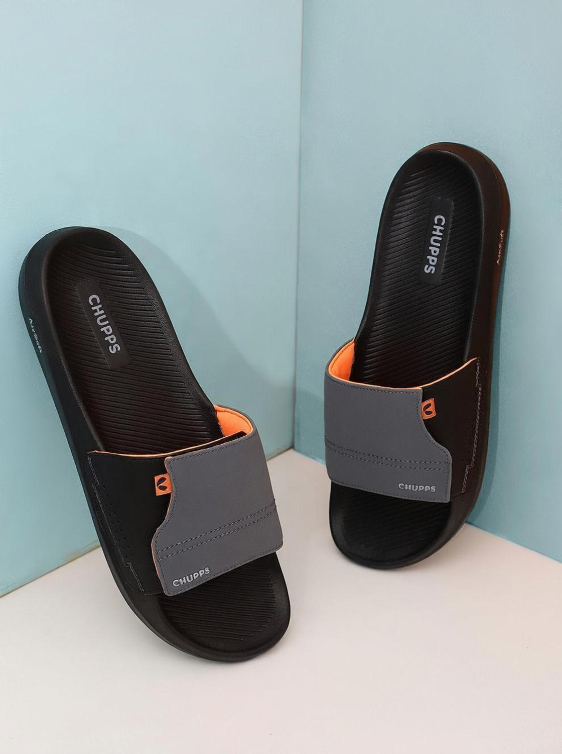 Image of Chupps Men Vapor Grey & Black Slides Slippers Soft Lightweight Flip Flops For Slides
