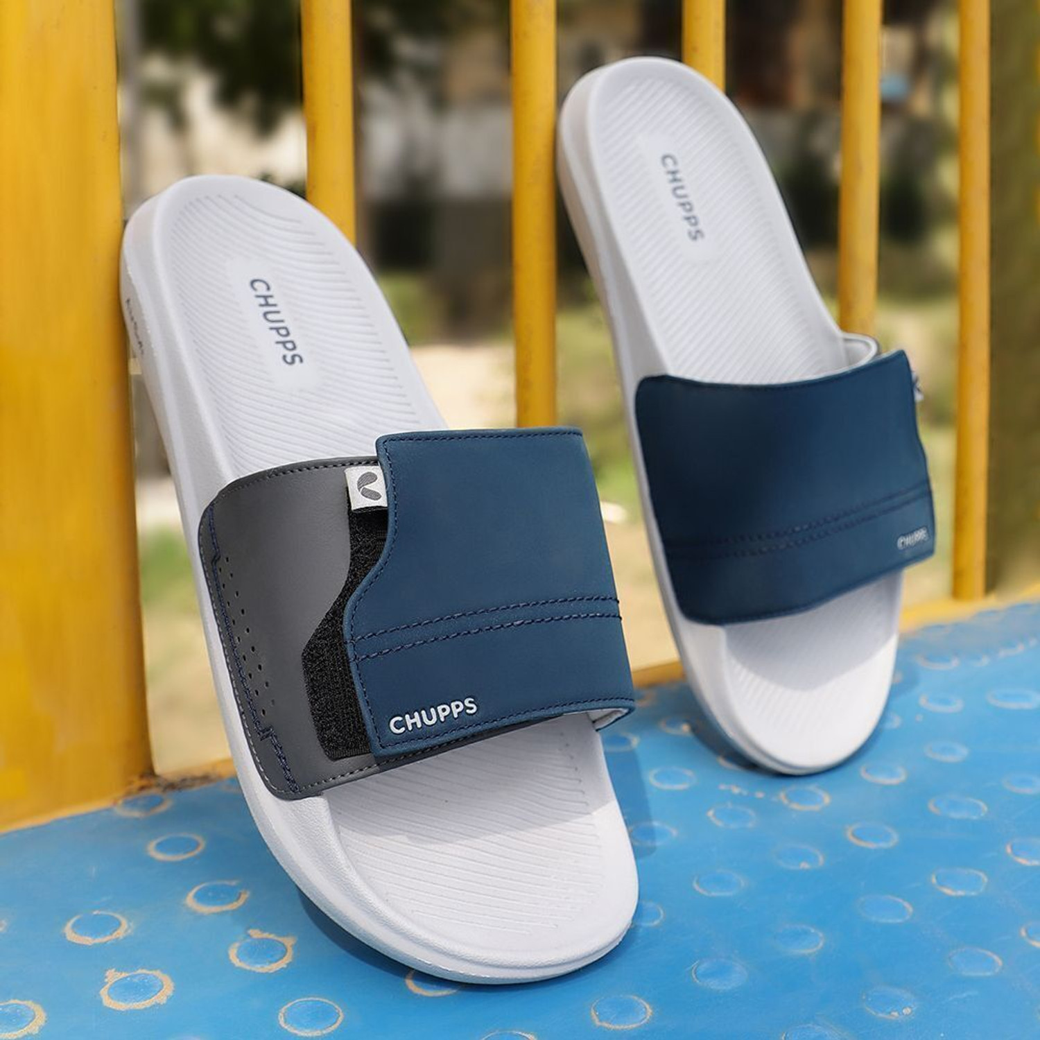 Image of Chupps Men Vapor Navy & Grey Slides Slippers Soft Lightweight Flip Flops For Slides