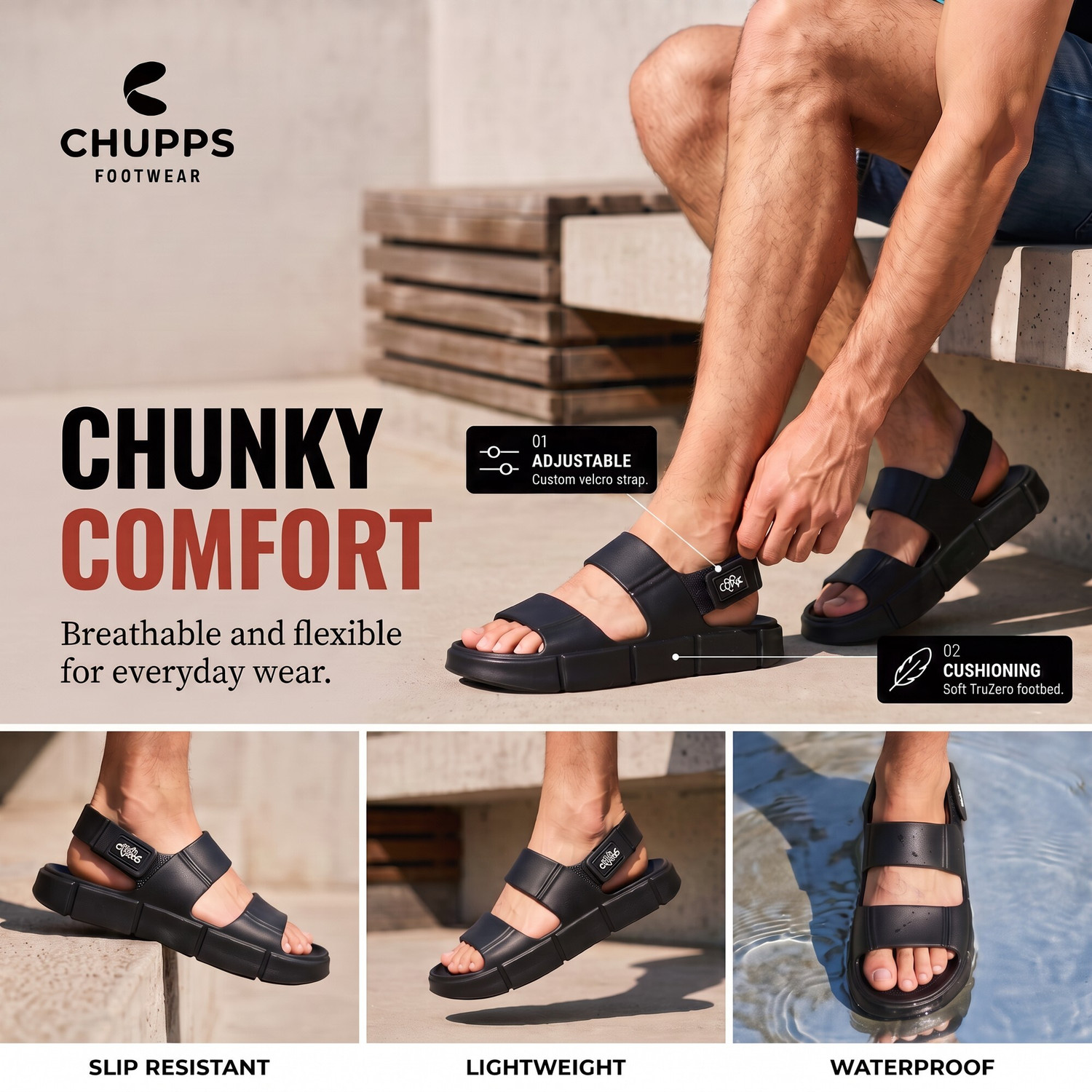 Image of Chupps Chunky Orthopaedic Flexible Cushioned AntiSkid Men Slides (Black, 9)