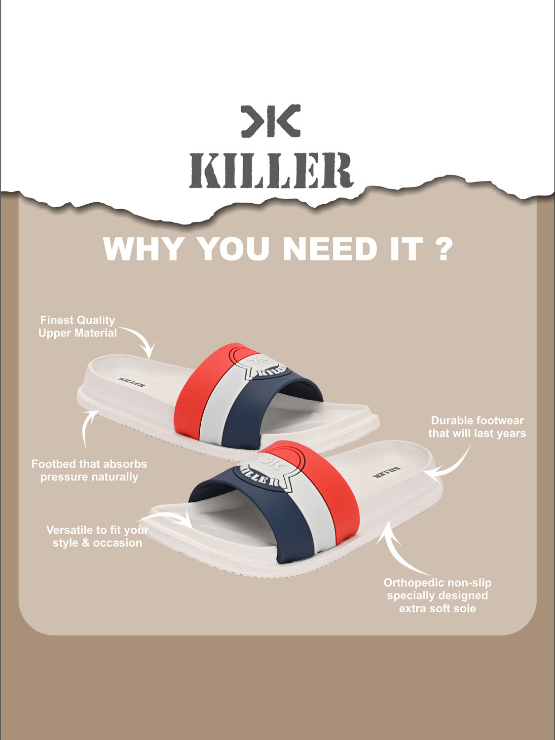 Image of KILLER Men Soft Comfortable Chappal Casual Lightweight Men Slippers for Daily Wear Flip Flops