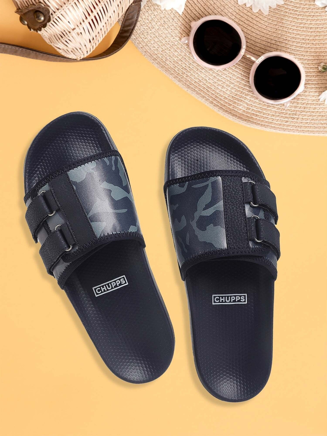 Image of Chupps Men Camo Secure Navy Blue Slides Soft Lightweight Flip Flops For Slides