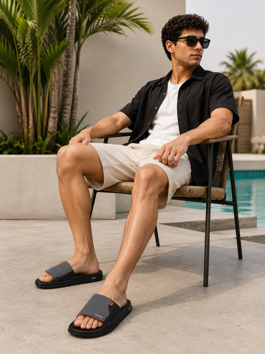 Image of Chupps Men Vapor Grey & Black Slides Slippers Soft Lightweight Flip Flops For Slides