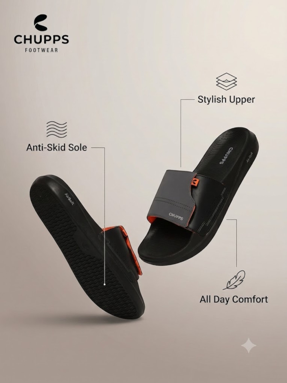 Image of Chupps Men Vapor Grey & Black Slides Slippers Soft Lightweight Flip Flops For Slides
