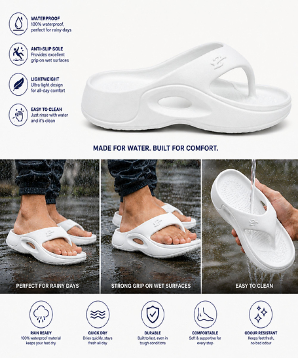 Image of Footwin Men Flip Flops (White, 9)