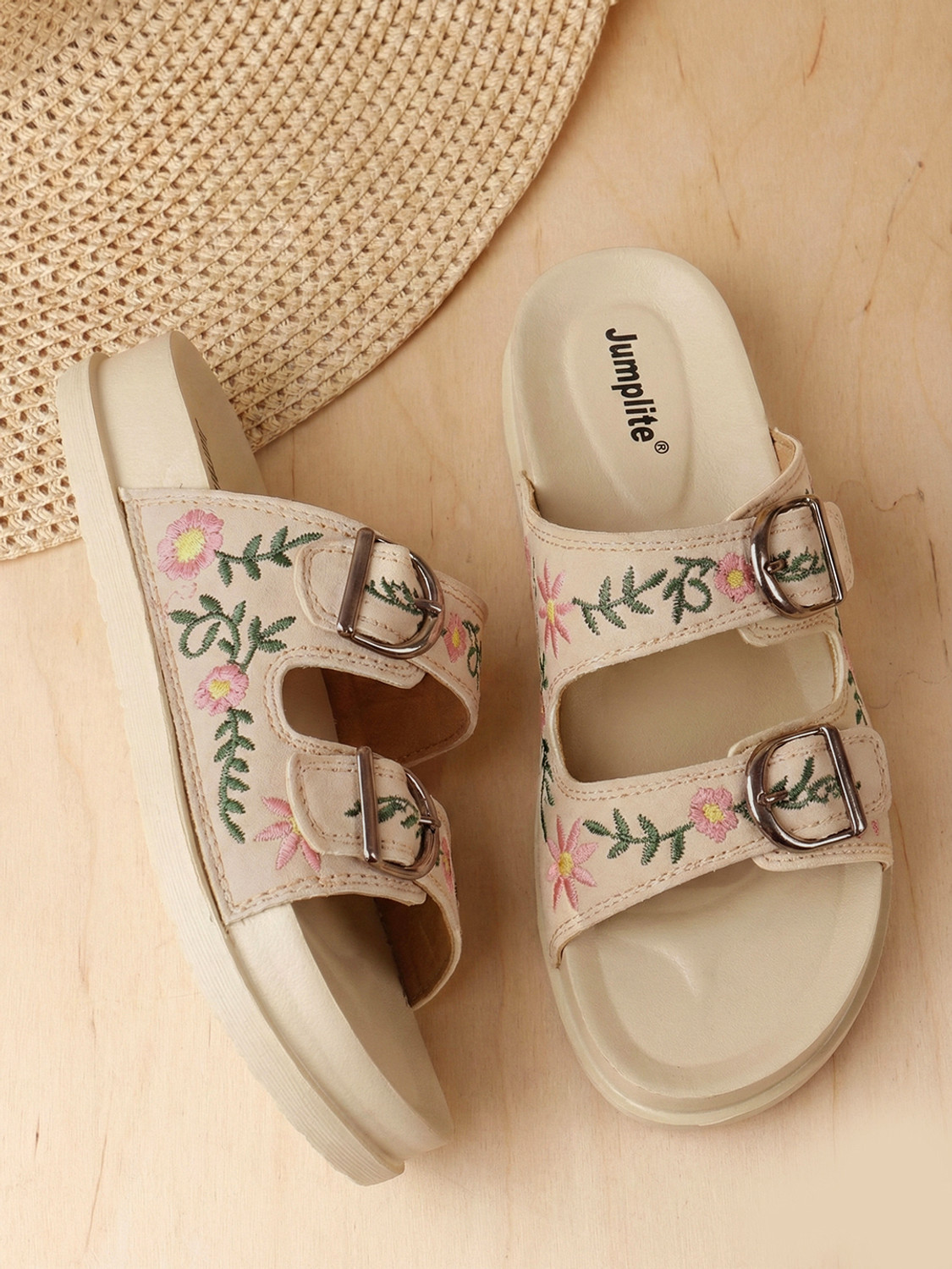 Image of JUMPLITE Women JL-E-1 Stylish Floral Embroidered Buckle Strap Comfort Design Slippers