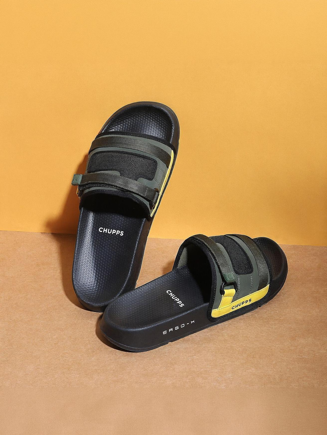 Image of Chupps Men Rebel Olive Black Slides Slippers Soft Lightweight Flip Flops For Slides