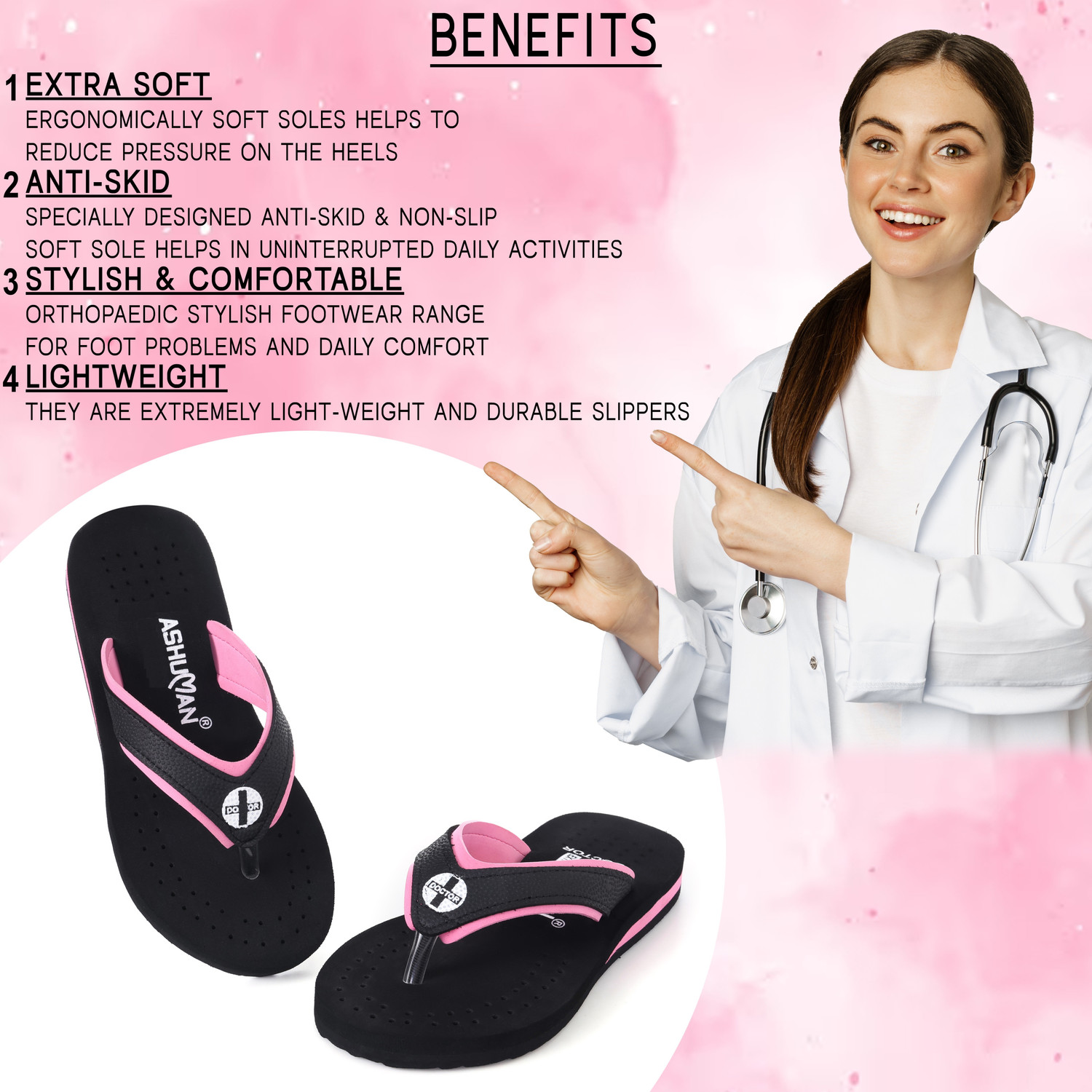 Image of ASHUMAN Doctor Slipper for Women Orthopedics Diabetic Pregnancy Flat soft sole flipflop Women Slippers (Black, Pink, 6)