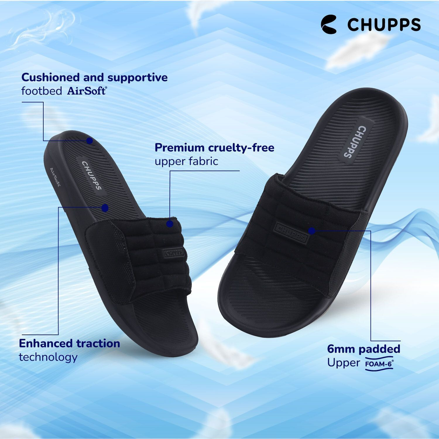 Image of Chupps Men Tank Black Slides Slippers Soft FootbedLightweight Flip Flops For Slides