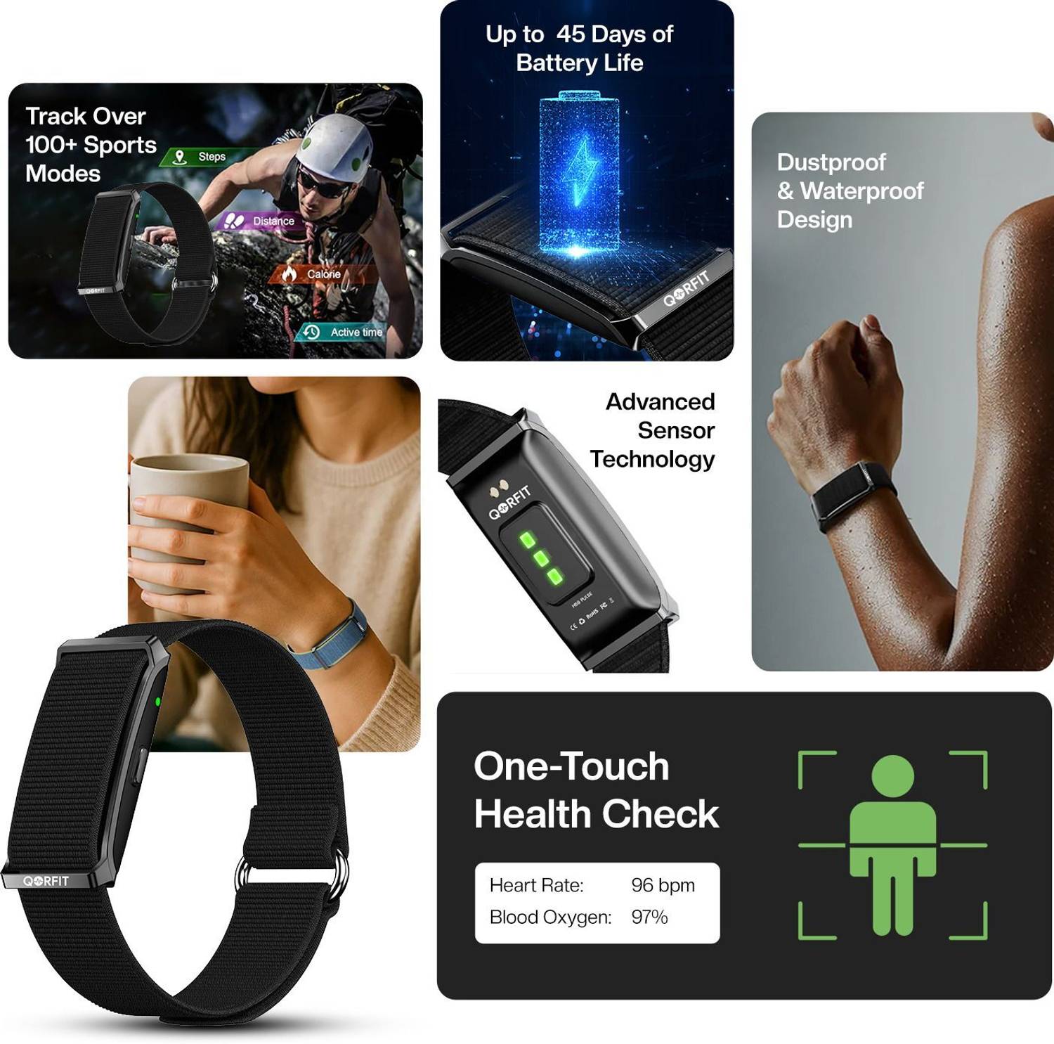 Smart Band Fitness Trackers With Pulse Oximeter Qorfit Pulse Smart Band, 24/7 Health Tracker With Hrv, Bp, Spo, Sleep, Ip68