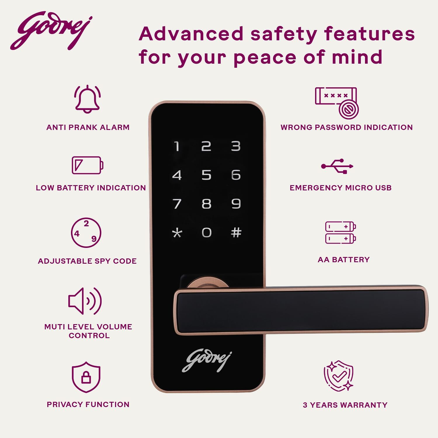 Image of Godrej Locks Catus Touch I Smart Digital Lock for Wooden Door I 2 in 1 Access I 3 Yr Warranty Smart Door Lock