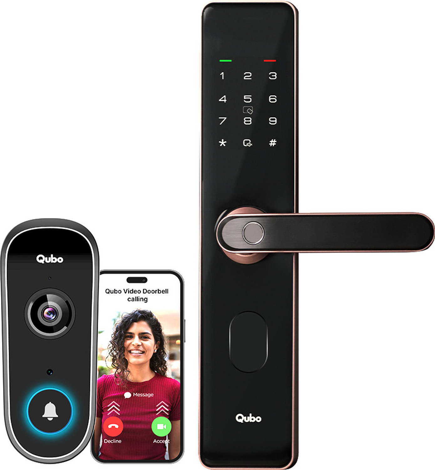 Image of Qubo Select Lock Copper + Video Doorbell Combo|Remote Unlock via Video Call Screen|2-Way Talk|AI Alerts Smart Door Lock