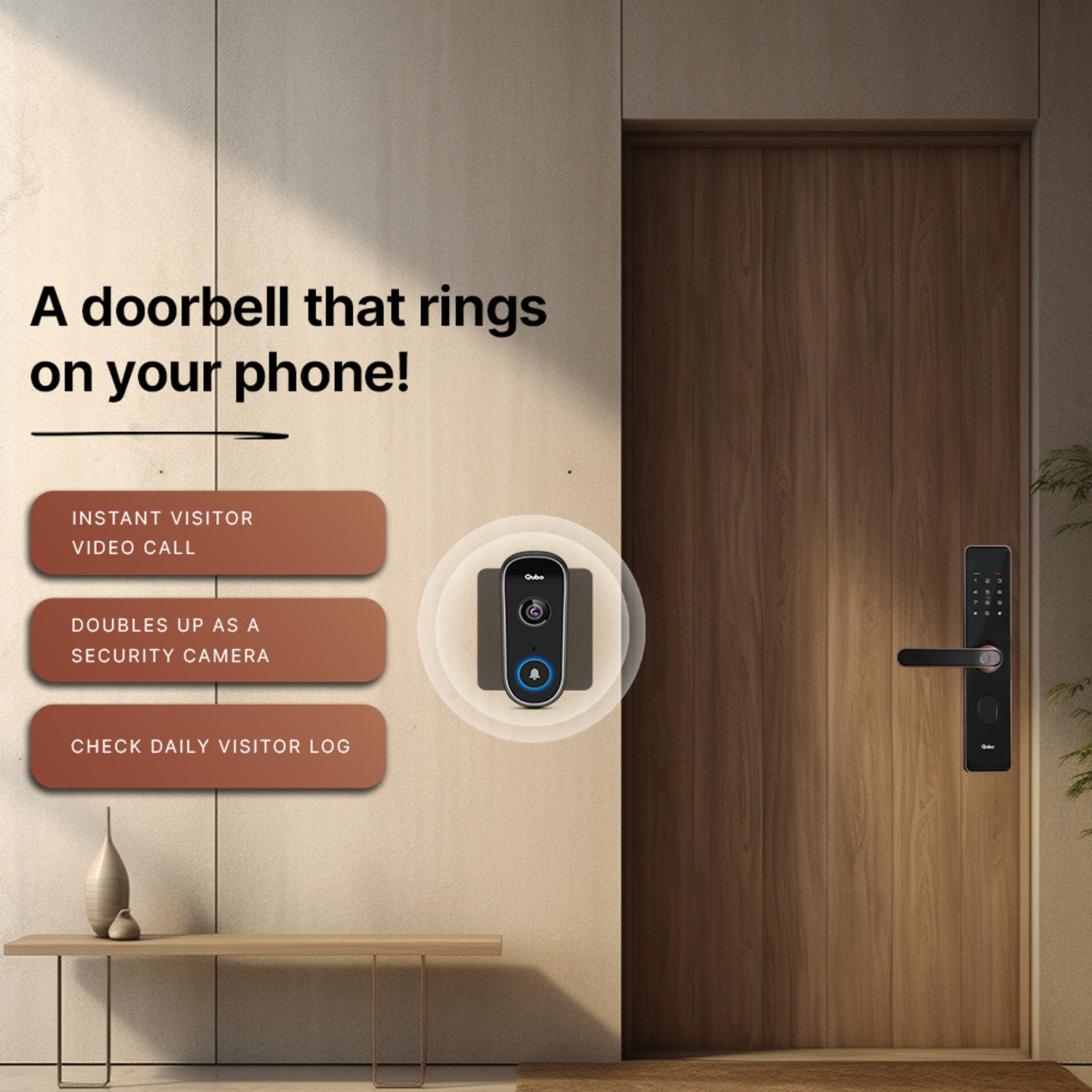 Image of Qubo Select Lock Copper + Video Doorbell Combo|Remote Unlock via Video Call Screen|2-Way Talk|AI Alerts Smart Door Lock
