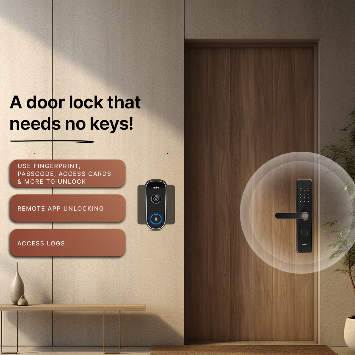 Image of Qubo Select Lock Copper + Video Doorbell Combo|Remote Unlock via Video Call Screen|2-Way Talk|AI Alerts Smart Door Lock