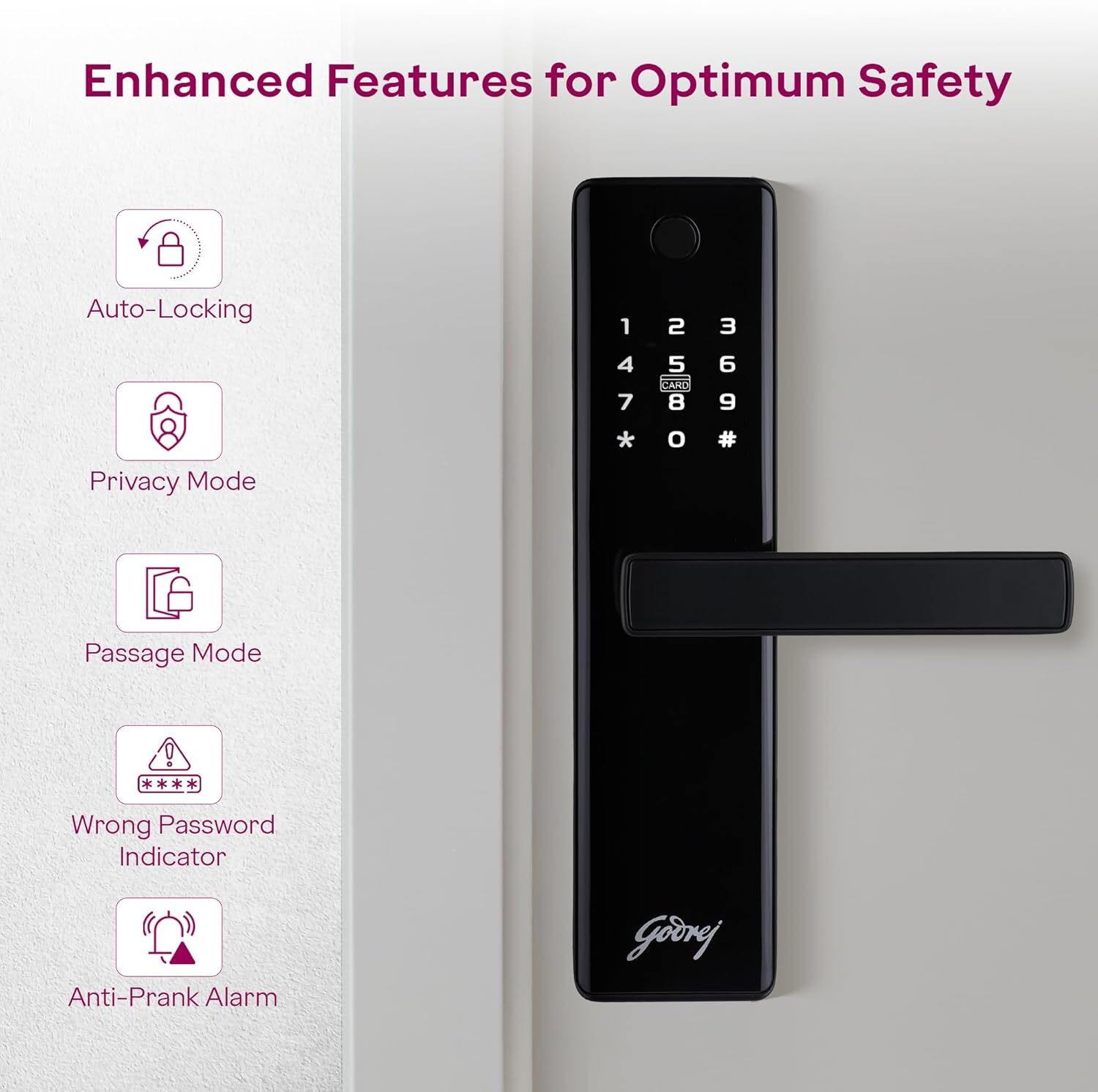 Image of Godrej Locks Digital Lock | Catus Advantage | Smart Lock for Wooden Door | 4 in 1 Access | Fingerprint | RFID | PIN Access | Mechanical Key | Matte Black Finish I 3 Year Warranty Smart Door Lock