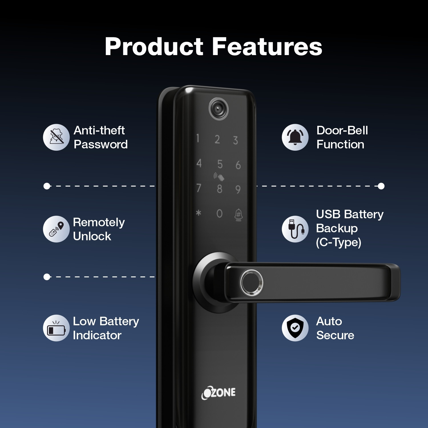 Image of OZONE Smart Door Lock with Built-in Camera, Wi-Fi, Fingerprint, Password, RFID Card Access, Mobile App Control, Auto-Secure Alarm, USB Backup Smart Door Lock