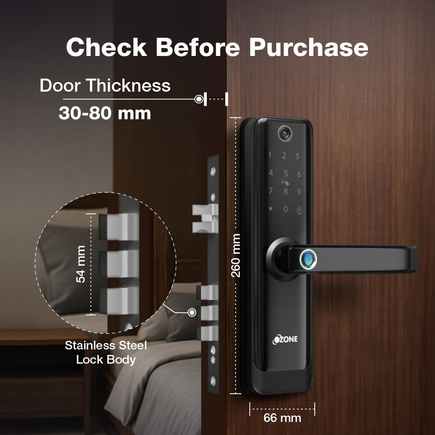 Image of OZONE Smart Door Lock with Built-in Camera, Wi-Fi, Fingerprint, Password, RFID Card Access, Mobile App Control, Auto-Secure Alarm, USB Backup Smart Door Lock