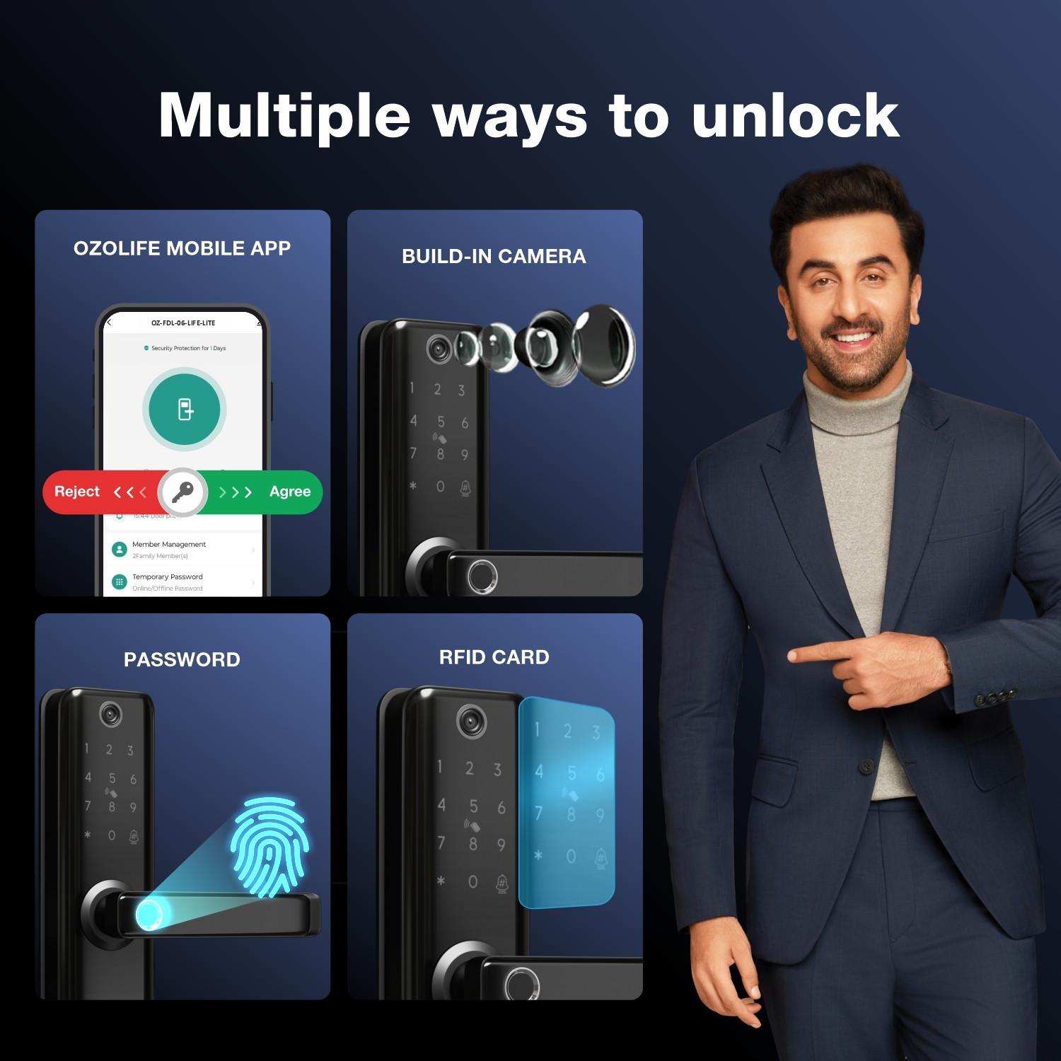 Image of OZONE Smart Door Lock with Built-in Camera, Wi-Fi, Fingerprint, Password, RFID Card Access, Mobile App Control, Auto-Secure Alarm, USB Backup Smart Door Lock