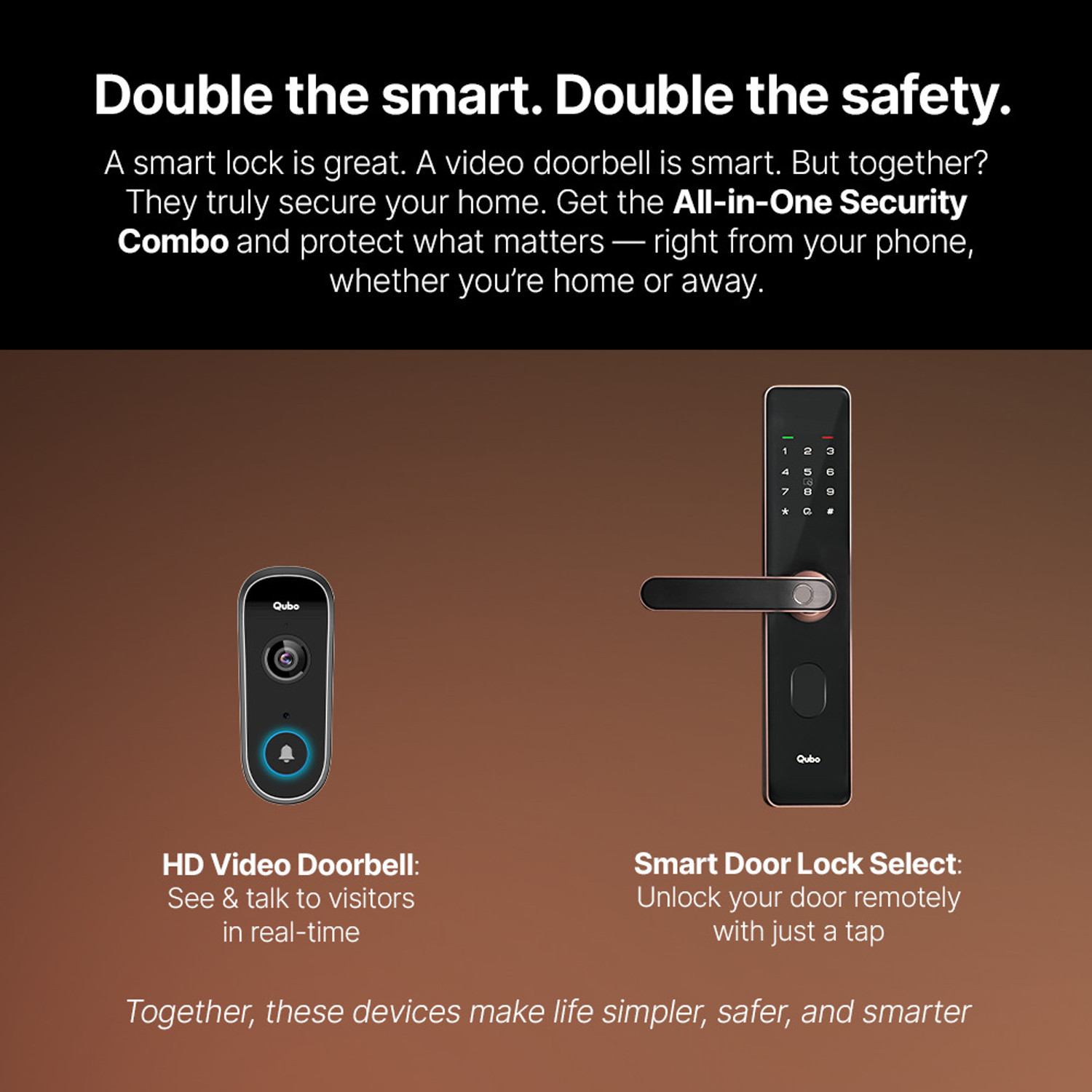 Image of Qubo Select Lock Copper + Video Doorbell Combo|Remote Unlock via Video Call Screen|2-Way Talk|AI Alerts Smart Door Lock