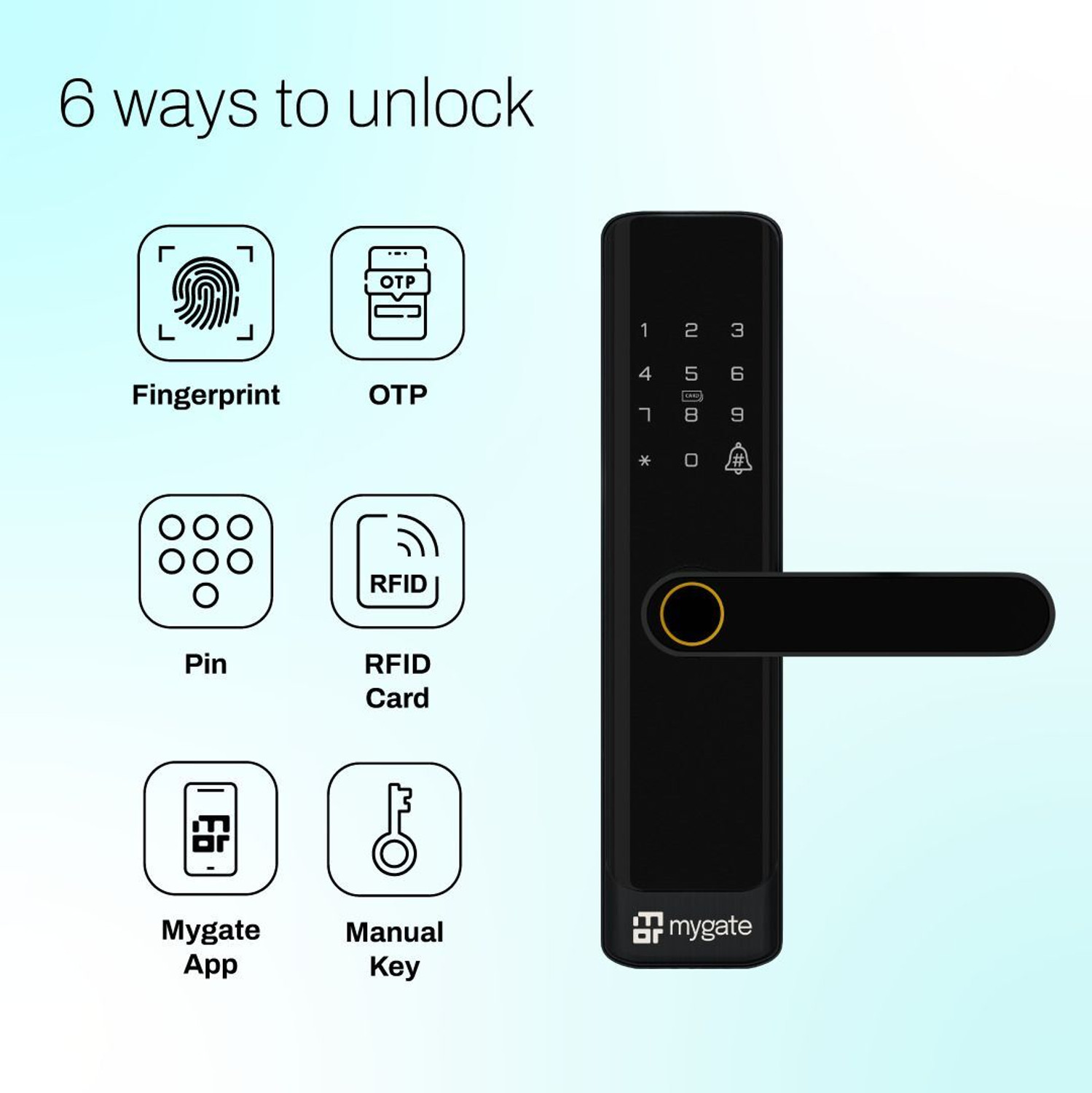 Image of Mygate SE: 6 Ways to Unlock - App, PIN, RFID, Key, OTP & Fingerprint | 3-Year Warranty Smart Door Lock