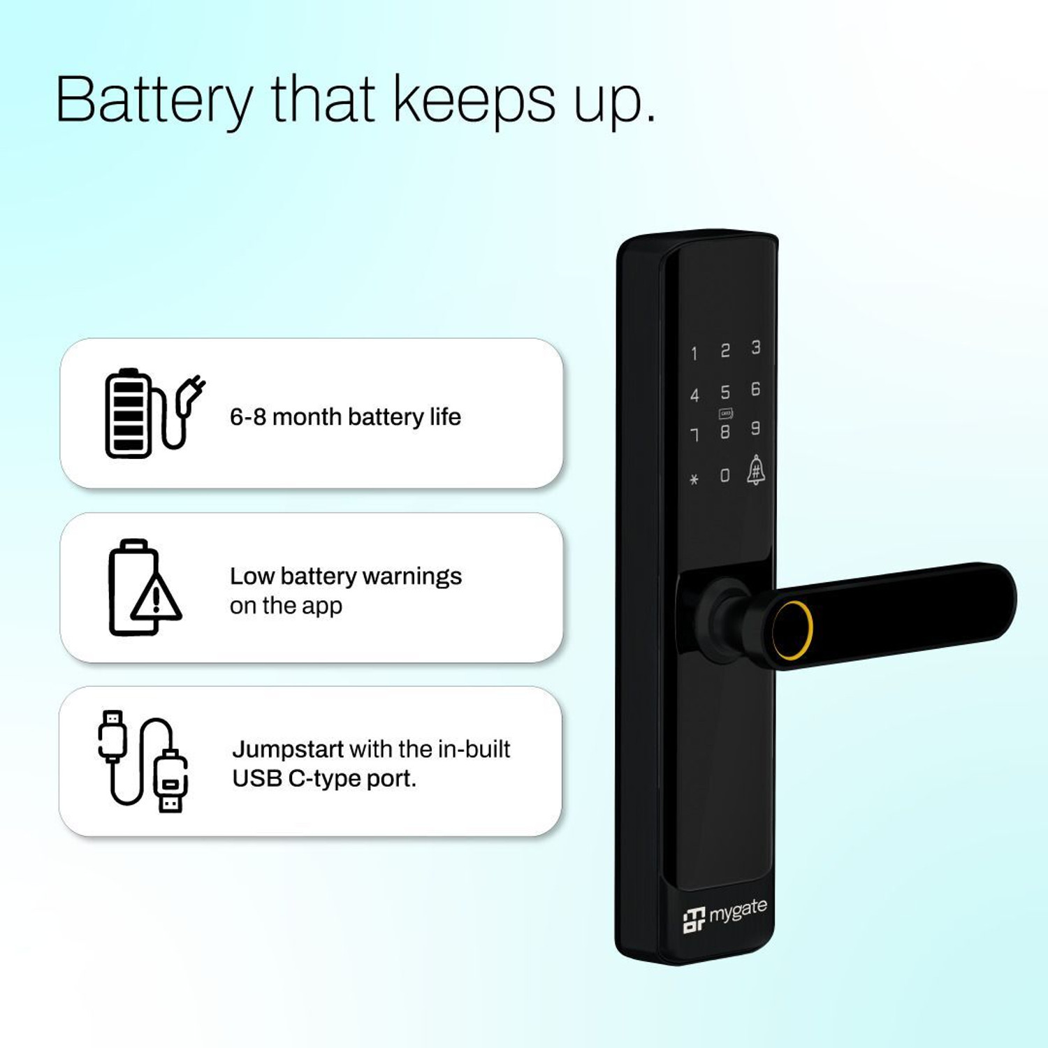 Image of Mygate SE: 6 Ways to Unlock - App, PIN, RFID, Key, OTP & Fingerprint | 3-Year Warranty Smart Door Lock