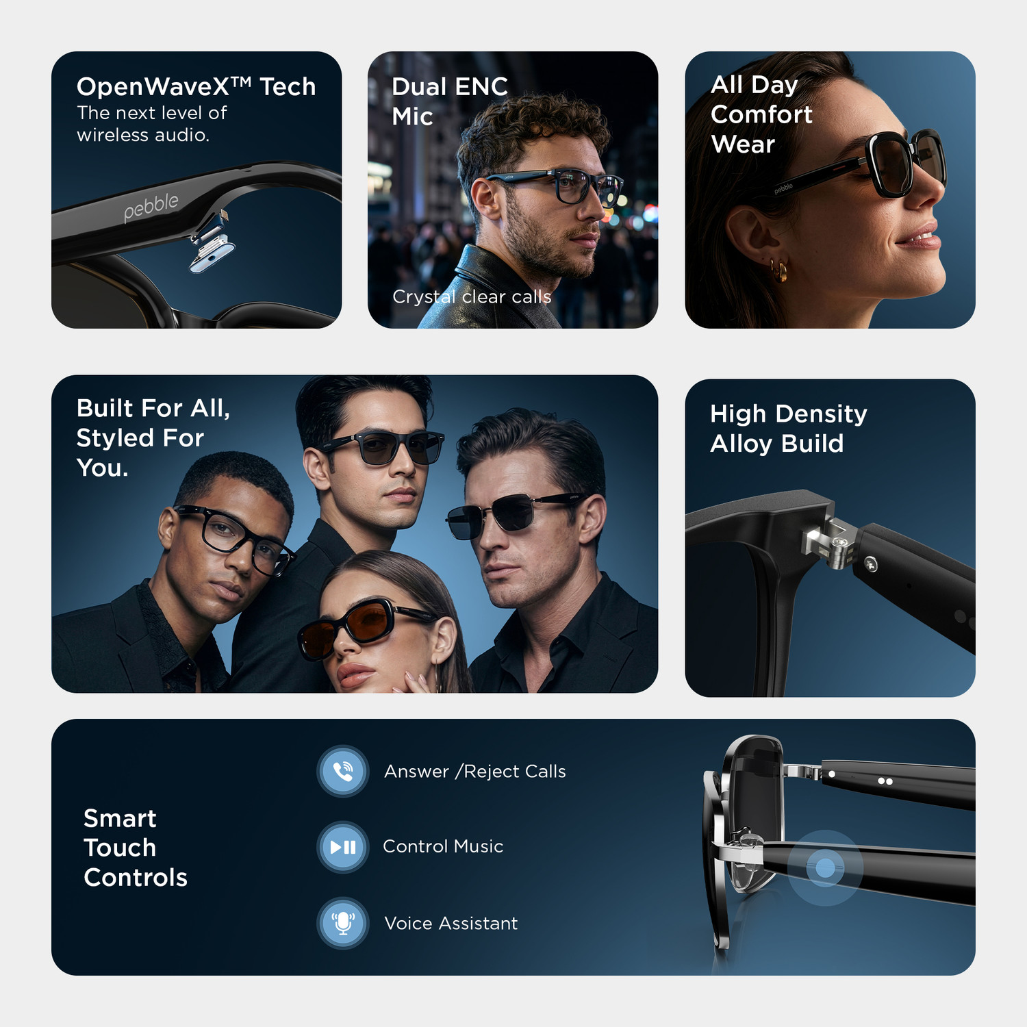 Image of Pebble Onyx Open-Ear Wireless Smart Glasses,BT Calling,Crystal Clear Calls,Dual ENC MIC