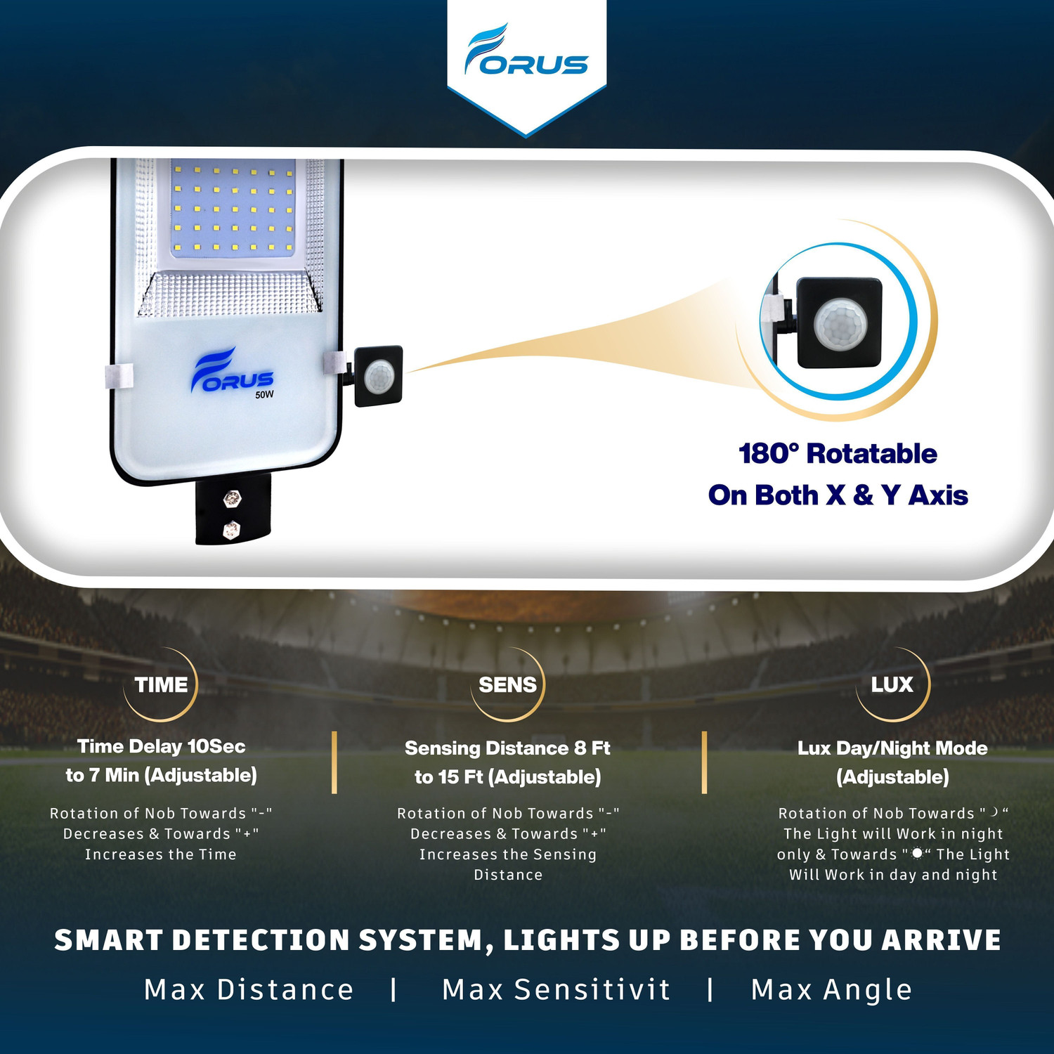 Image of FORUS 50W LED Street Light With Motion Sensor Auto ON / OFF, Cool White - Park ,Garden Motion Sensor Light
