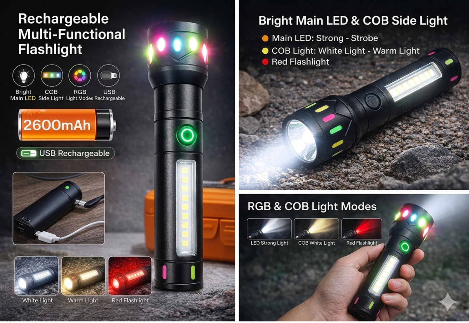 Image of ROXTO Rechargeable LED Metal Torch with Zoom Head & Blinker Light Motion Sensor Light