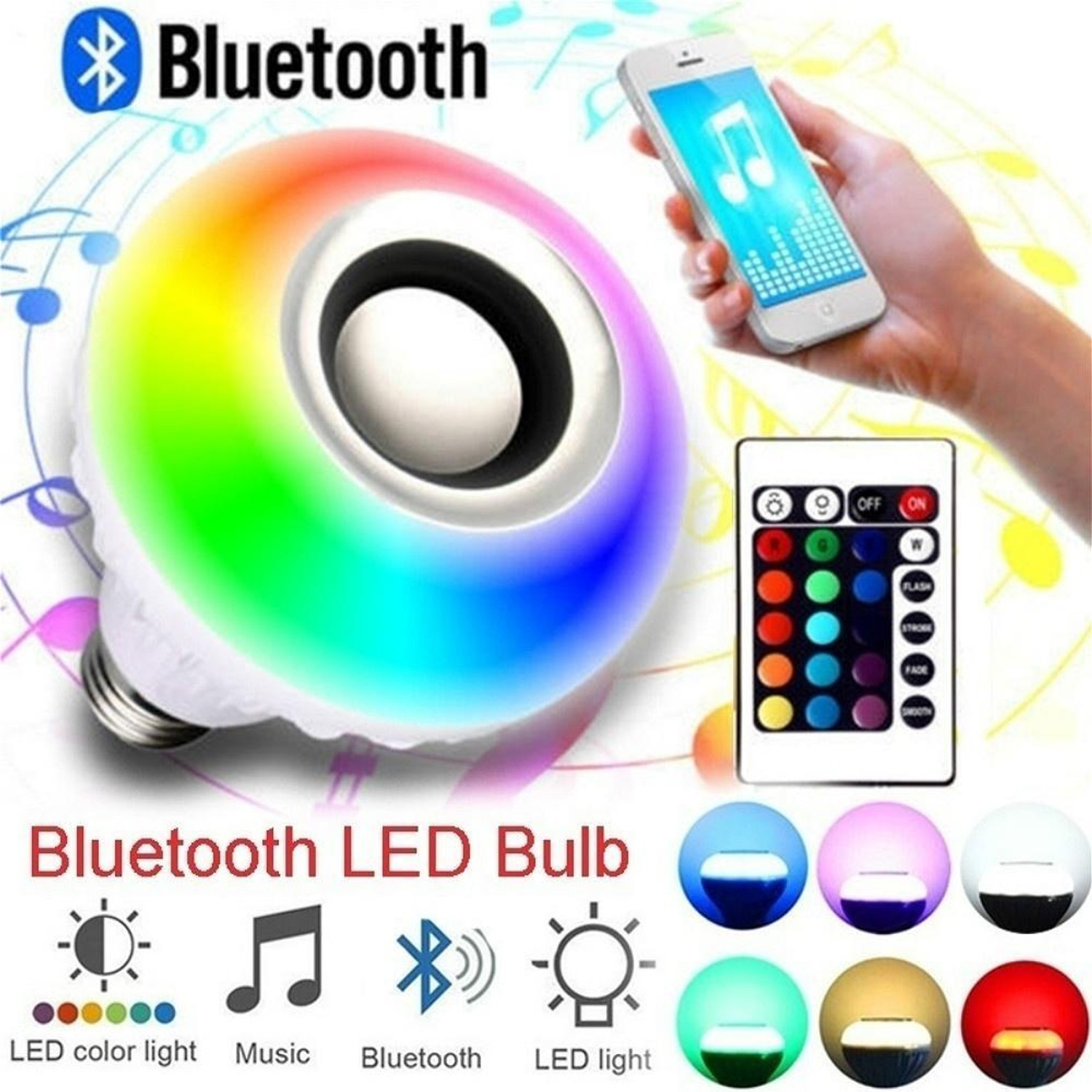 Image of iDOLESHOP Bluetooth Music LED Light Bulb Colourful Built-in Audio Speaker With Remote Torch