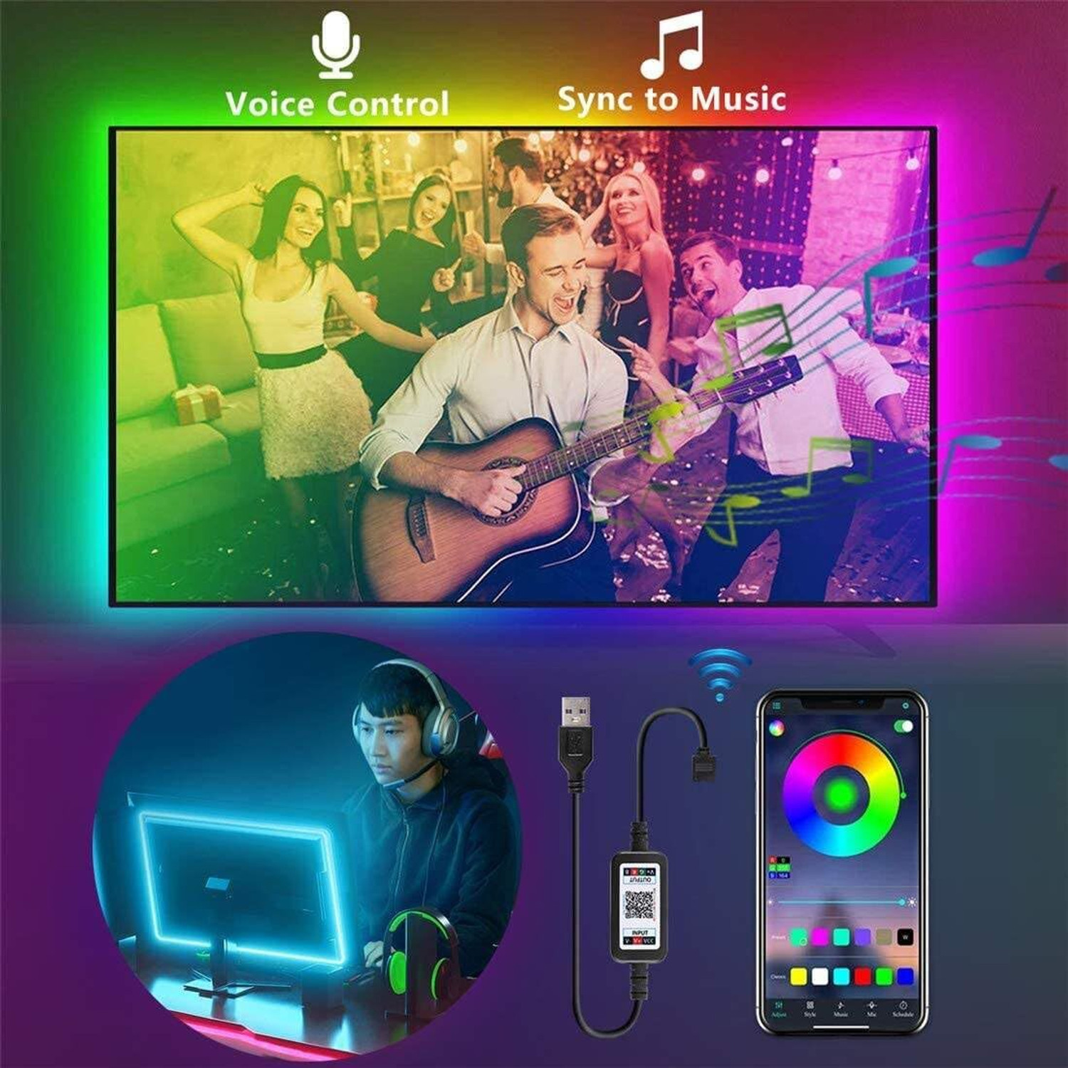 Image of XERGY 4.5V RGB 60 LED Strip, App Control, USB, Music Sync, TV (2Mtr for 32-49 inch TV's) Light Strip