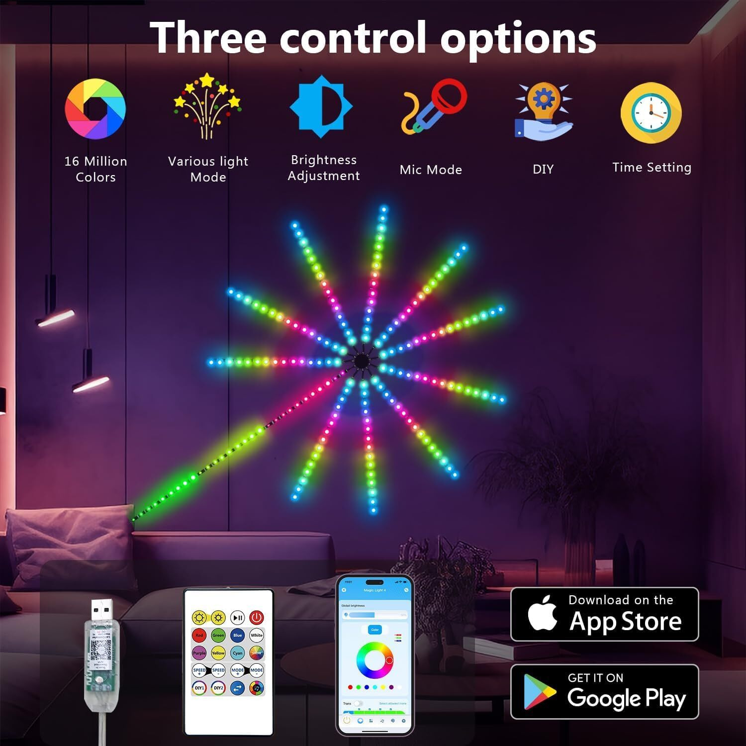 Image of SOS Smart Firework LED Strip Lights with RGB Colors & Music Sync, USB Powered (5V) Light Strip
