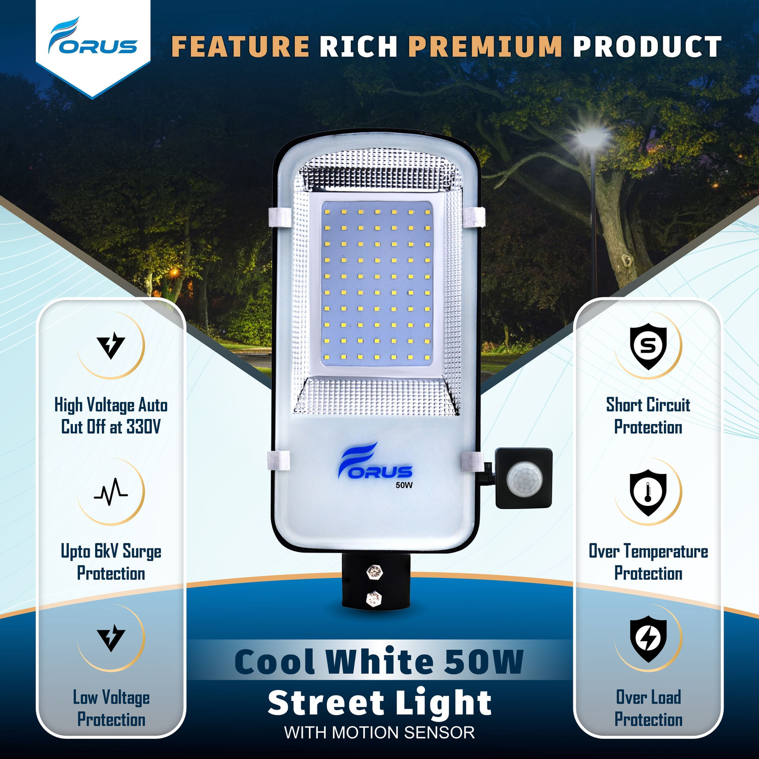 Image of FORUS 50W LED Street Light With Motion Sensor Auto ON / OFF, Cool White - Park ,Garden Motion Sensor Light
