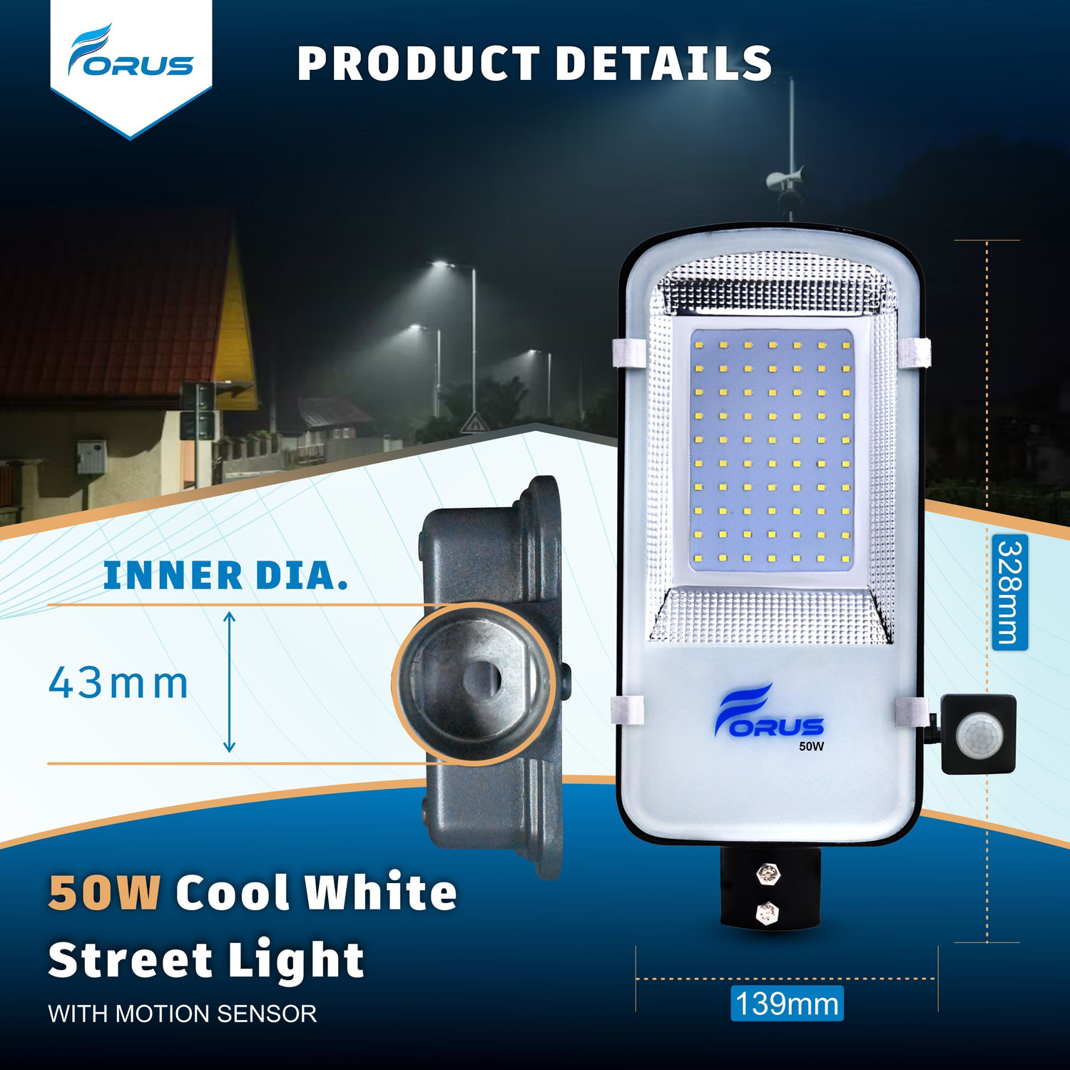 Image of FORUS 50W LED Street Light With Motion Sensor Auto ON / OFF, Cool White - Park ,Garden Motion Sensor Light