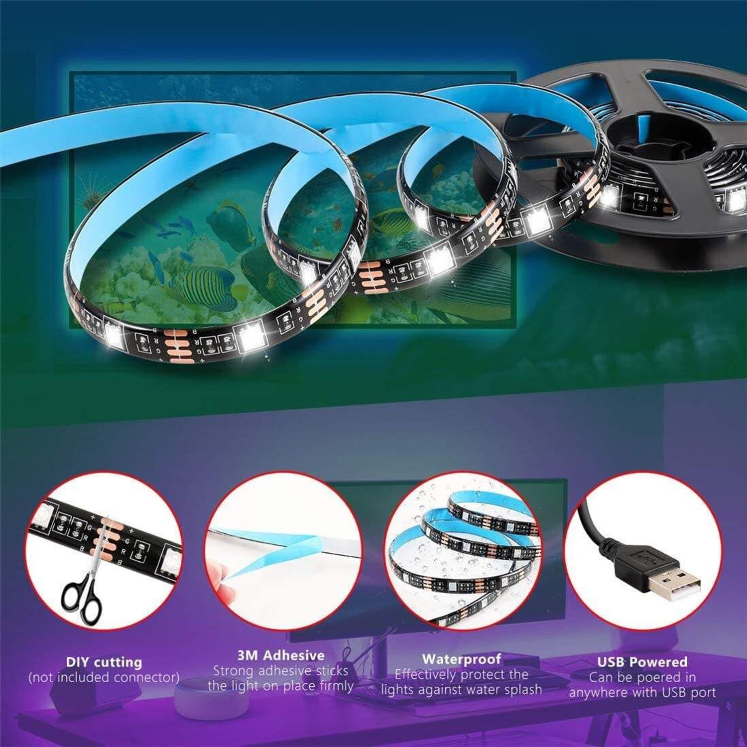 Image of XERGY 4.5V RGB 60 LED Strip, App Control, USB, Music Sync, TV (2Mtr for 32-49 inch TV's) Light Strip
