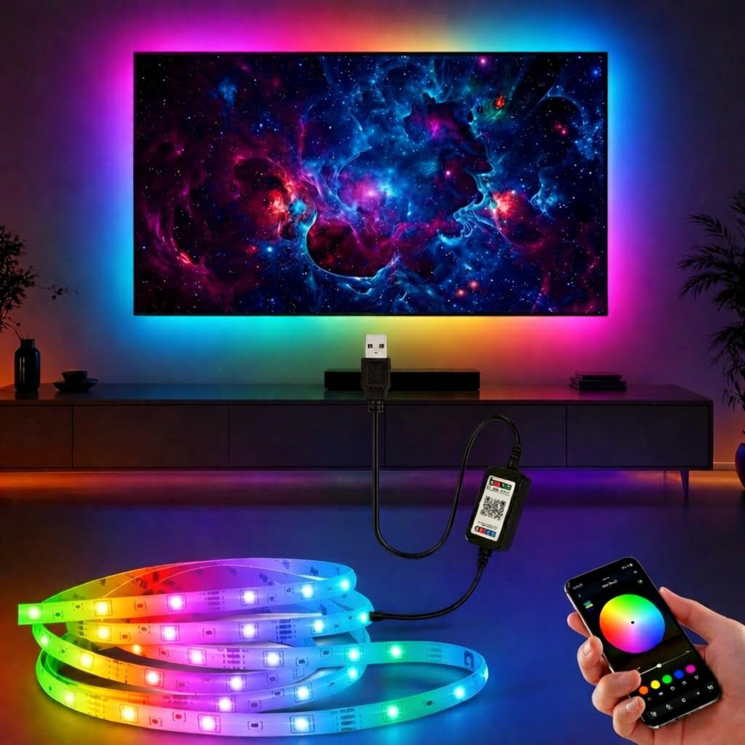 Image of XERGY 4.5V RGB 60 LED Strip, App Control, USB, Music Sync, TV (2Mtr for 32-49 inch TV's) Light Strip